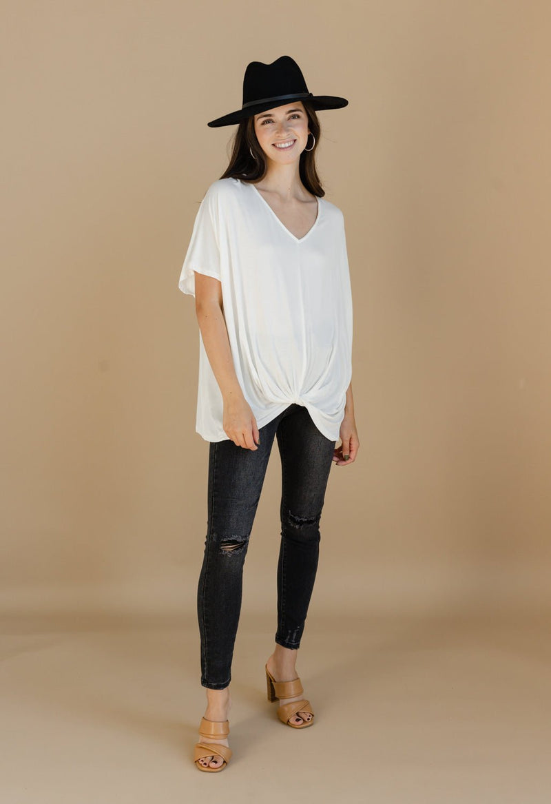 Short Sleeve V-Neck Knot Front Top - IVORY - willows clothing S/S Shirt